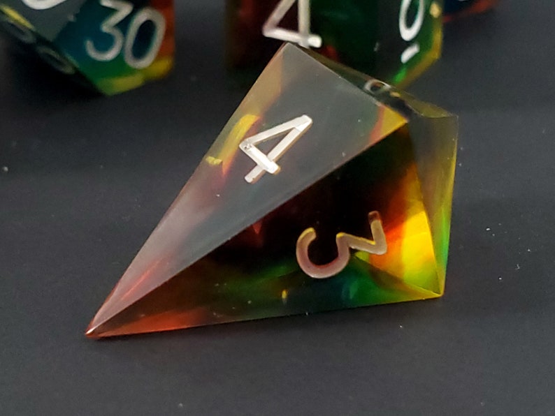 A Prism Darkly: 7-Piece Handmade Sharp Edge Polyhedral Dice Set image 10