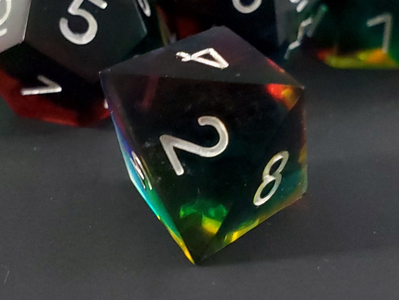 A Prism Darkly: 7-Piece Handmade Sharp Edge Polyhedral Dice Set image 9