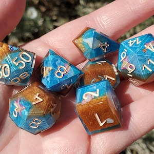 Ocean Tide: 7-Piece Handmade Sharp Edge Polyhedral Dice Set
