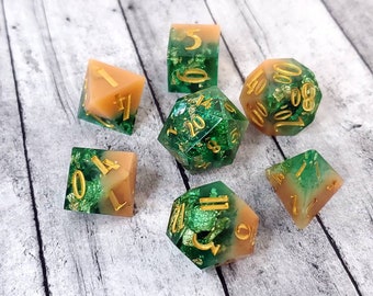 Caramelized Emerald: 7-Piece Handmade Sharp Edge Polyhedral Dice Set