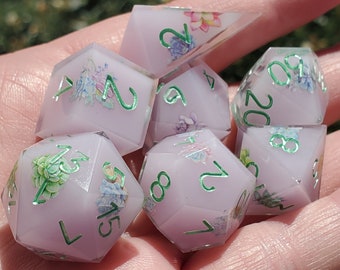 Succulent Serenity: 7-Piece Handmade Sharp Edge Polyhedral Dice Set