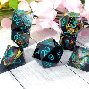 Rainbow Geode: 7-Piece Handmade Sharp Edge Polyhedral Dice Set