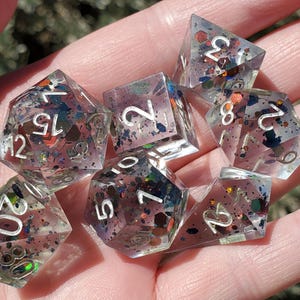 Glimmer Brightly: 7-Piece Handmade Sharp Edge Polyhedral Dice Set