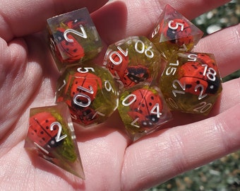 Ladybug Ladybug: 7-Piece Handmade Sharp Edge Polyhedral Dice Set