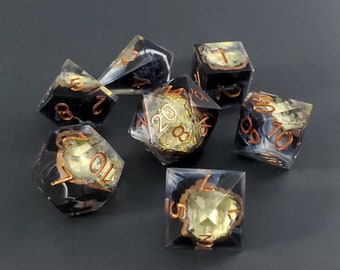 Richly Cored: 7-Piece Handmade Sharp Edge Polyhedral Dice Set