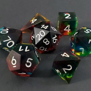 A Prism Darkly: 7-Piece Handmade Sharp Edge Polyhedral Dice Set image 2
