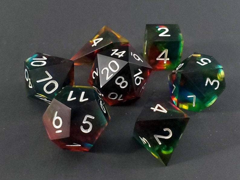 A Prism Darkly: 7-Piece Handmade Sharp Edge Polyhedral Dice Set image 2