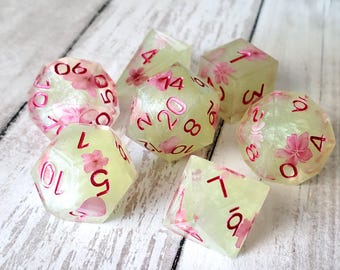 Spring Eternal: 7-Piece Handmade Sharp Edge Polyhedral Dice Set
