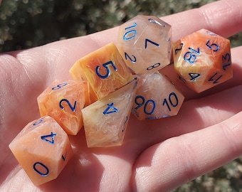 Heated Cerulean: 7-Piece Handmade Sharp Edge Polyhedral Dice Set