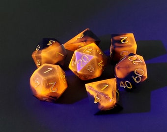 Radioactive Orange: 7-Piece Handmade Sharp Edge Polyhedral Dice Set