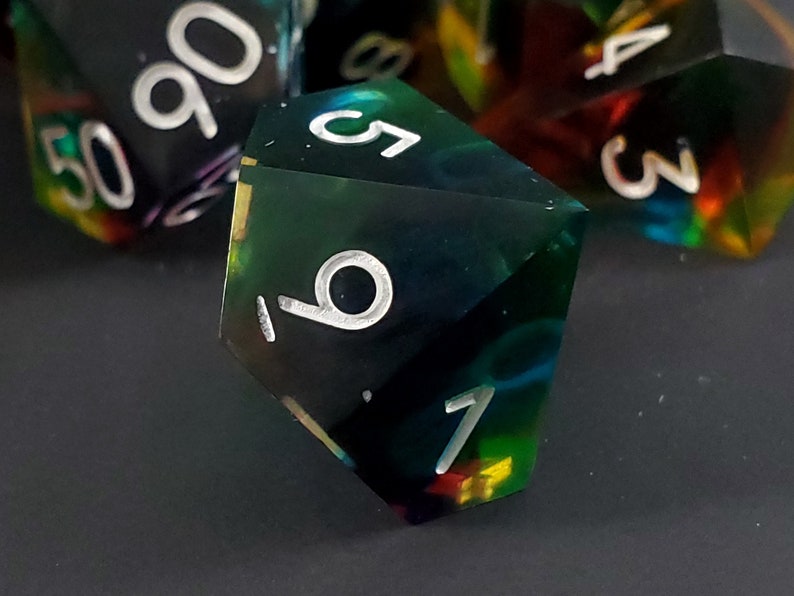 A Prism Darkly: 7-Piece Handmade Sharp Edge Polyhedral Dice Set image 8