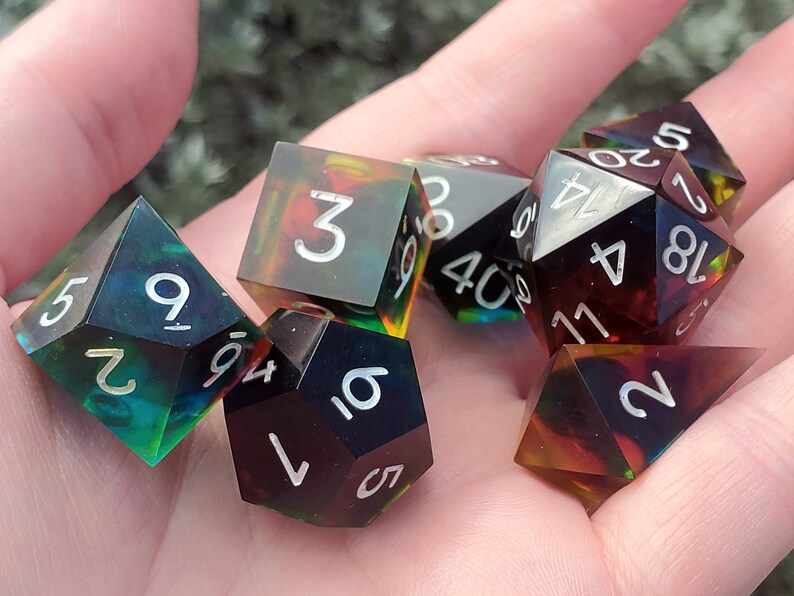 A Prism Darkly: 7-Piece Handmade Sharp Edge Polyhedral Dice Set image 3