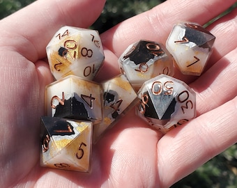 Blackened Core: 7-Piece Handmade Sharp Edge Polyhedral Dice Set