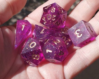 Amethyst Love: 7-Piece Handmade Sharp Edge Polyhedral Dice Set