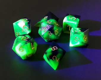 Radioactive Lime: 7-Piece Handmade Sharp Edge Polyhedral Dice Set