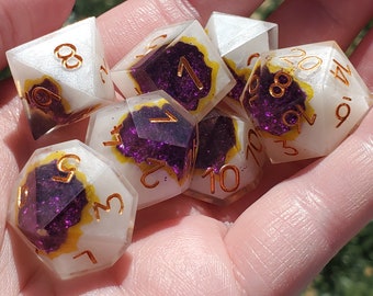 Amethyst Core: 7-Piece Handmade Sharp Edge Polyhedral Dice Set