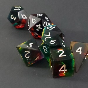 A Prism Darkly: 7-Piece Handmade Sharp Edge Polyhedral Dice Set image 4