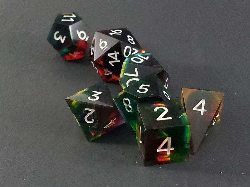 A Prism Darkly: 7-Piece Handmade Sharp Edge Polyhedral Dice Set image 4