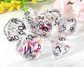 Blushing Glimmer: 7-Piece Handmade Sharp Edge Polyhedral Dice Set
