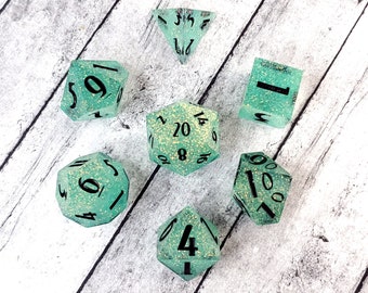 Glistening Spring: 7-Piece Handmade Sharp Edge Polyhedral Dice Set