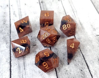 Leathered Obelisk: 7-Piece Handmade Sharp Edge Polyhedral Dice Set