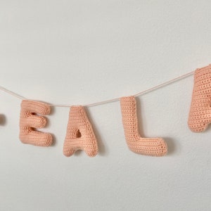 May include: A pink crocheted banner with the name "LEALA" spelled out in individual letters.