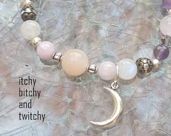 Itchy, Beochy, and Twitchy hormone balancing bracelet with moonstone, kunzite, and lepidolite