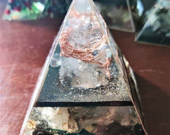 Small orgonite pyramid with copper wrapped quartz, sage, mica and shungite