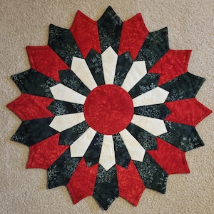Winter Christmas Premium Batik Cotton Fabric, Round 20.5 Inch Handmade Table Topper, Ivory, Red, and Green Muted Batik  Centerpiece