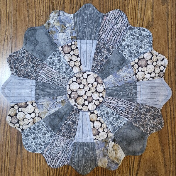 Shades of Gray and Brown Natural Stones and Wood Fabric Handmade Table Topper, Reversible, Round 19 In Cotton Quilted, Eight Fabrics