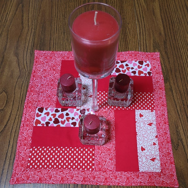 Valentine's Day Handmade Table Topper, Cotton Quilted 16 Inch Square Cotton Fabric, Red and White, Many Hearts Centerpiece