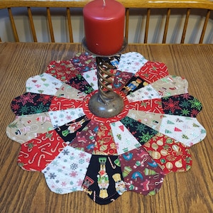 Round Handmade Christmas Theme Cotton Quilted 19 Inch Table Topper, Candy Canes,  Snowflakes, Nutcrackers, etc. Centerpiece, Tree Ornaments