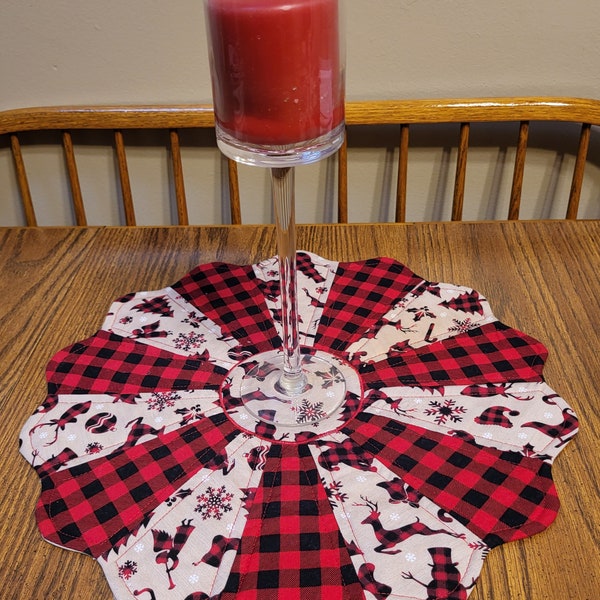 Winter Items on Black n Red Plaid w Tan Background, Handmade 17 Inch Cotton Quilted Table Topper,Scalloped Edge Centerpiece, Trees Deer etc.