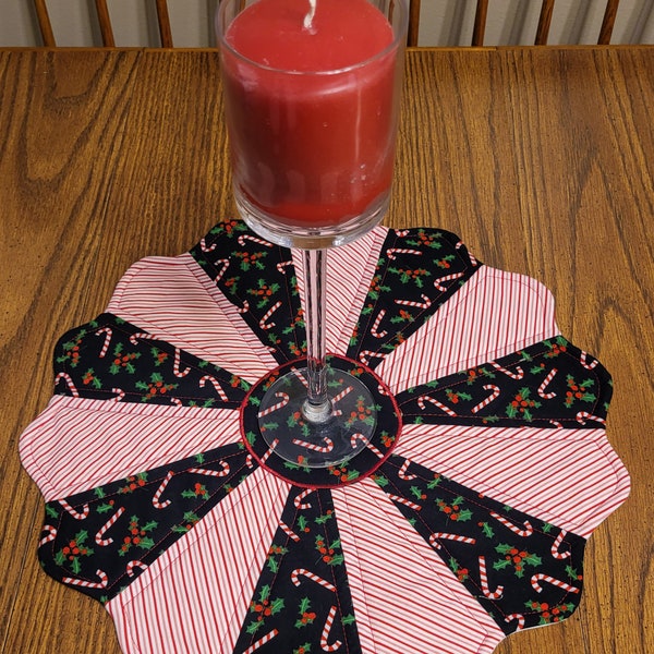 Candy Canes, Holly Berries n Leaves on Black Background, Red n White Stripes,Handmade 17 In. Round Scalloped Edge Table Topper,Centerpiece