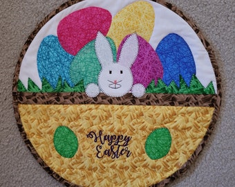 Easter Basket Bunny n Eggs Table Topper, Handmade Cotton Embroidered 16 Inch Round Centerpiece, Appliqued, Happy Easter, Cotton Quilted