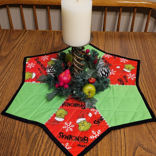 Merry Grinchmas Handmade 20 Inch Winter Table Topper, Red and Green Cotton Quilted Fabric, Grinch Wearing Santa Hat, Lots of Embroidering
