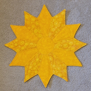 Bright Sunny Looking Handmade 21.5 Inch Sun Shaped Cotton Table Topper, Mother's Day Gift, Cotton Quilted, Machine Embroidered, Sunflowers