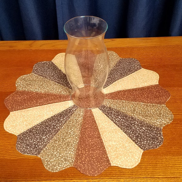 Shades of Brown Flower Petals, Handmade Table Topper, Centerpiece, Candle Mat, Round 19 Inch, Cotton Quilted, Dresden Plates, Year-Round Use