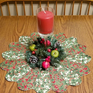 Winter, Christmas Holly Leaves n Berries,Gold Metallic Accents,Handmade 19.5 In Table Topper, Centerpiece, Cotton Quilted,Embroidered Center