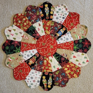 Round Handmade Christmas Theme Cotton Quilted 19 Inch Table Topper, Candy Canes,  Snowflakes, Nutcrackers, etc. Centerpiece, Tree Ornaments