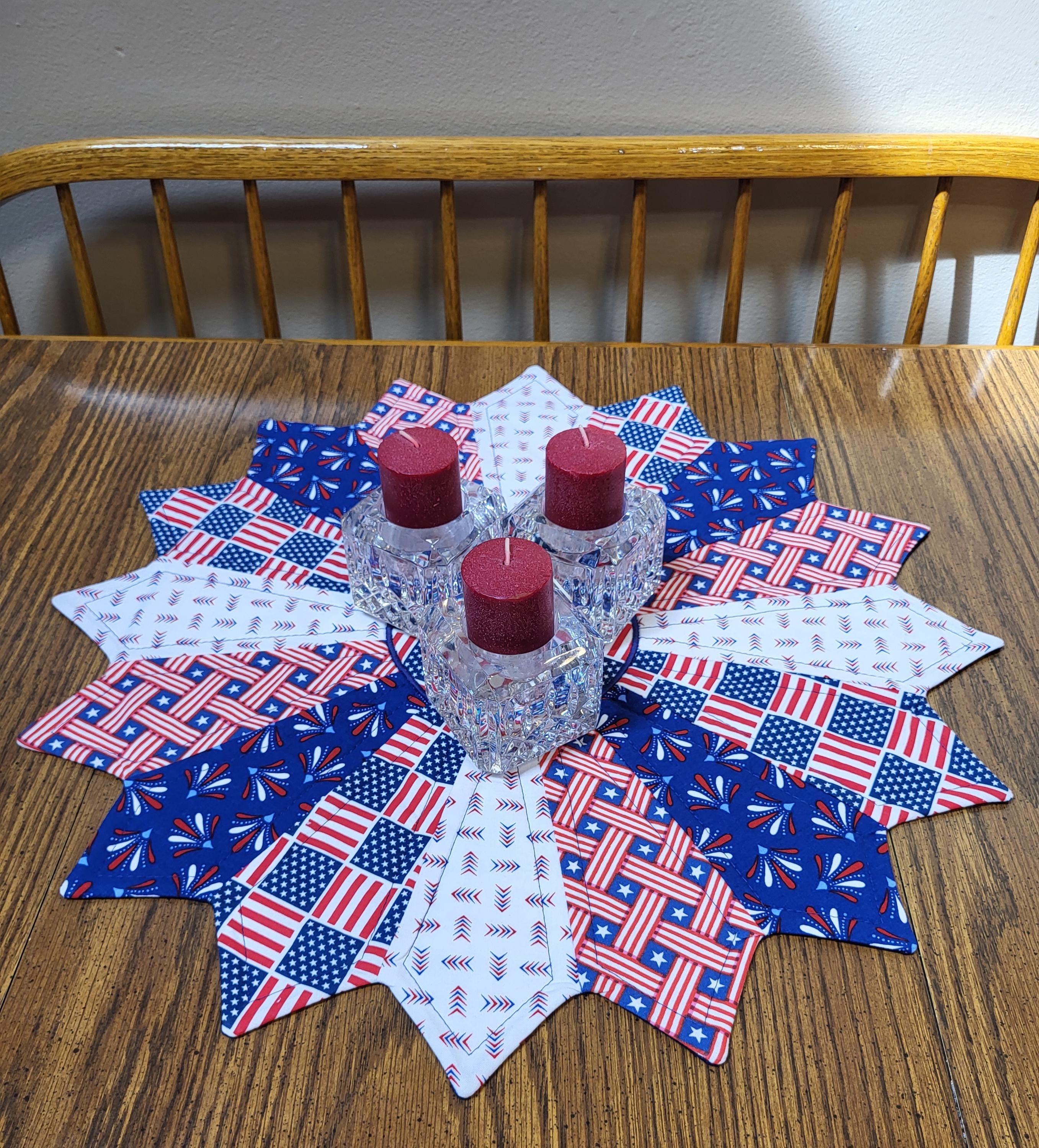 Patriotic Table Topper Patterns Patriotic Theme 19 Inch Pointy N Round Handmade Table Topper, Red White ...