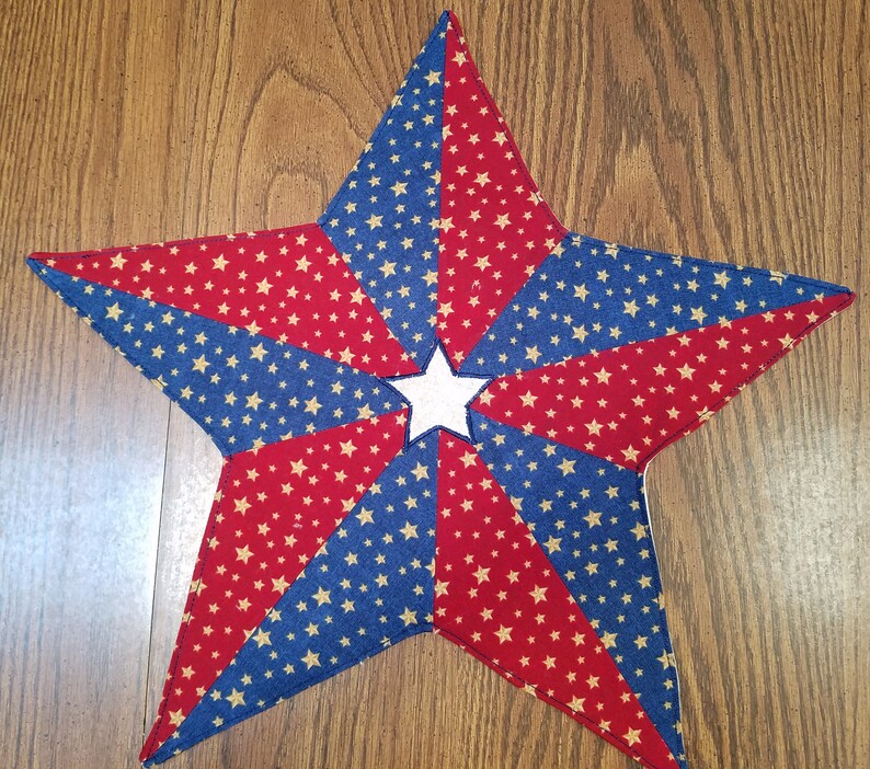 Patriotic Country Star Table TopperCenterpieceCottonQuiltedGold StarsRed and BlueKitchen UseHostess GiftSummer HolidaysOutdoor Use