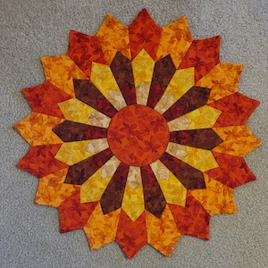 Handmade Bright Muted Harvest Fall Leaves Quilted Table Topper: 20.5 Inch Cotton Centerpiece, Yellow, Orange, Red, Red Orange, Brown, Beige