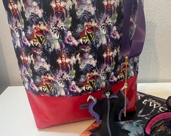 Villains Print Tote Bag | Red Vinyl Bottom, Reusable Grocery Bag