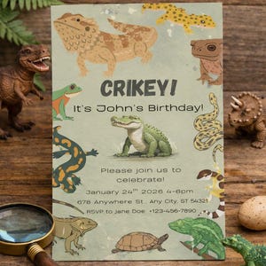 Reptile Birthday Invitation | Crikey! Animal Party (5x7 Editable Canva Template)