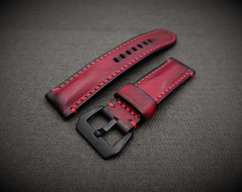 Correa de reloj de cuero rojo estilo vintage hecha a mano, hebilla negra (20, 22, 24 y 26 mm)