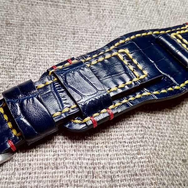 24/22 mm. Leder-Bund-Armband. Dunkelblau.