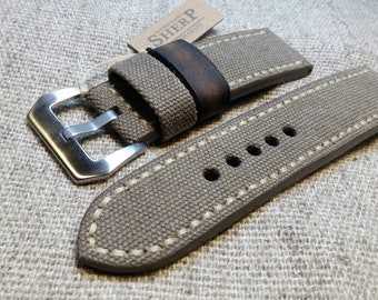 Correa de reloj vintage de lona y cuero militar hecha a mano (20, 22, 24 y 26 mm)