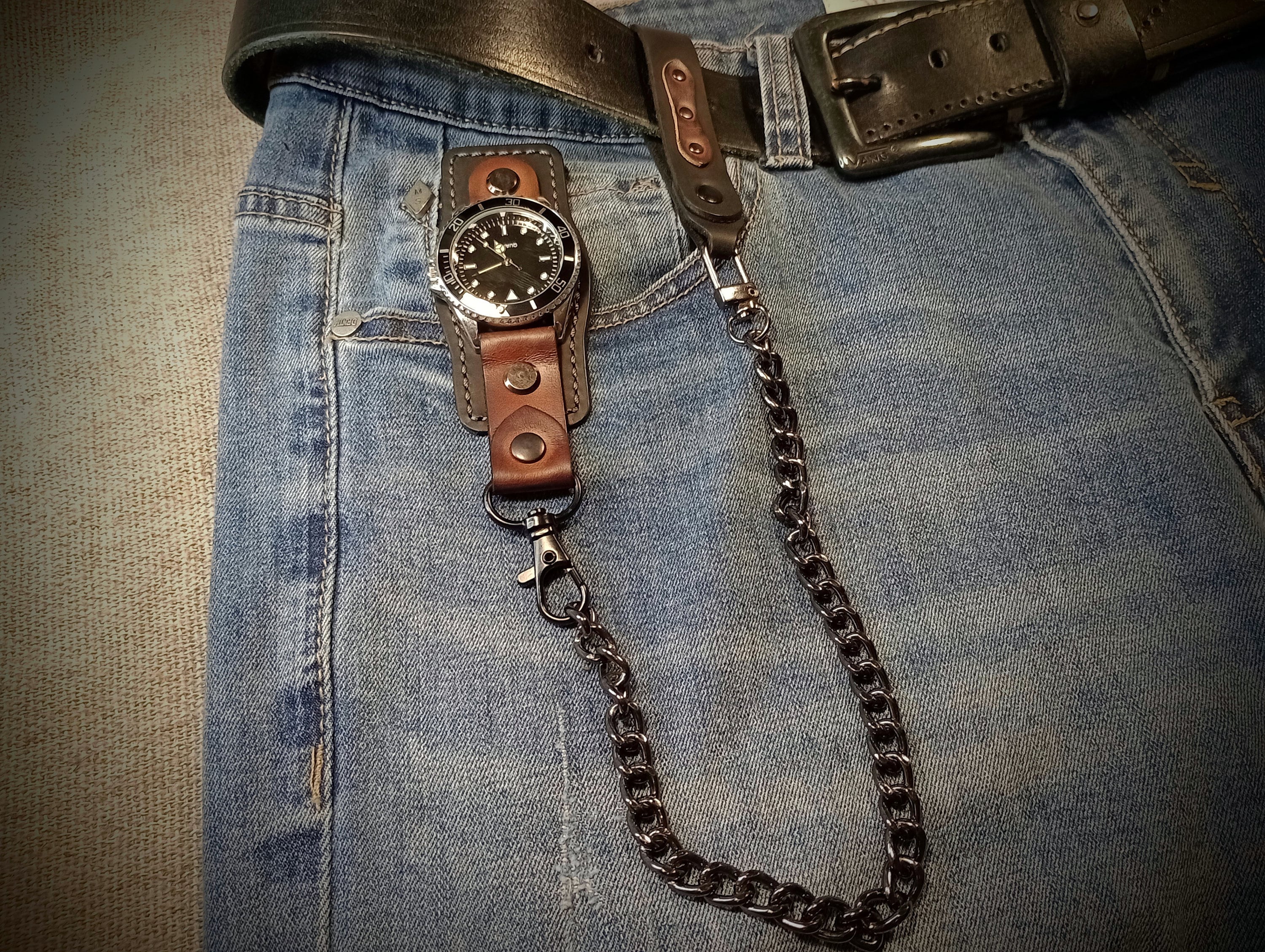 Leather Pocket Watch Fob: Black & Brown Watch Saddle With Chain - Etsy