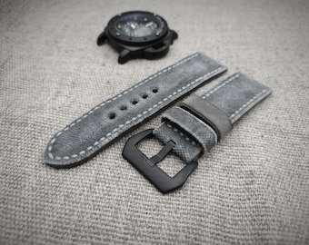 Handcrafted Distressed Grey Canvas Watch Strap: Tactical Vintage Style